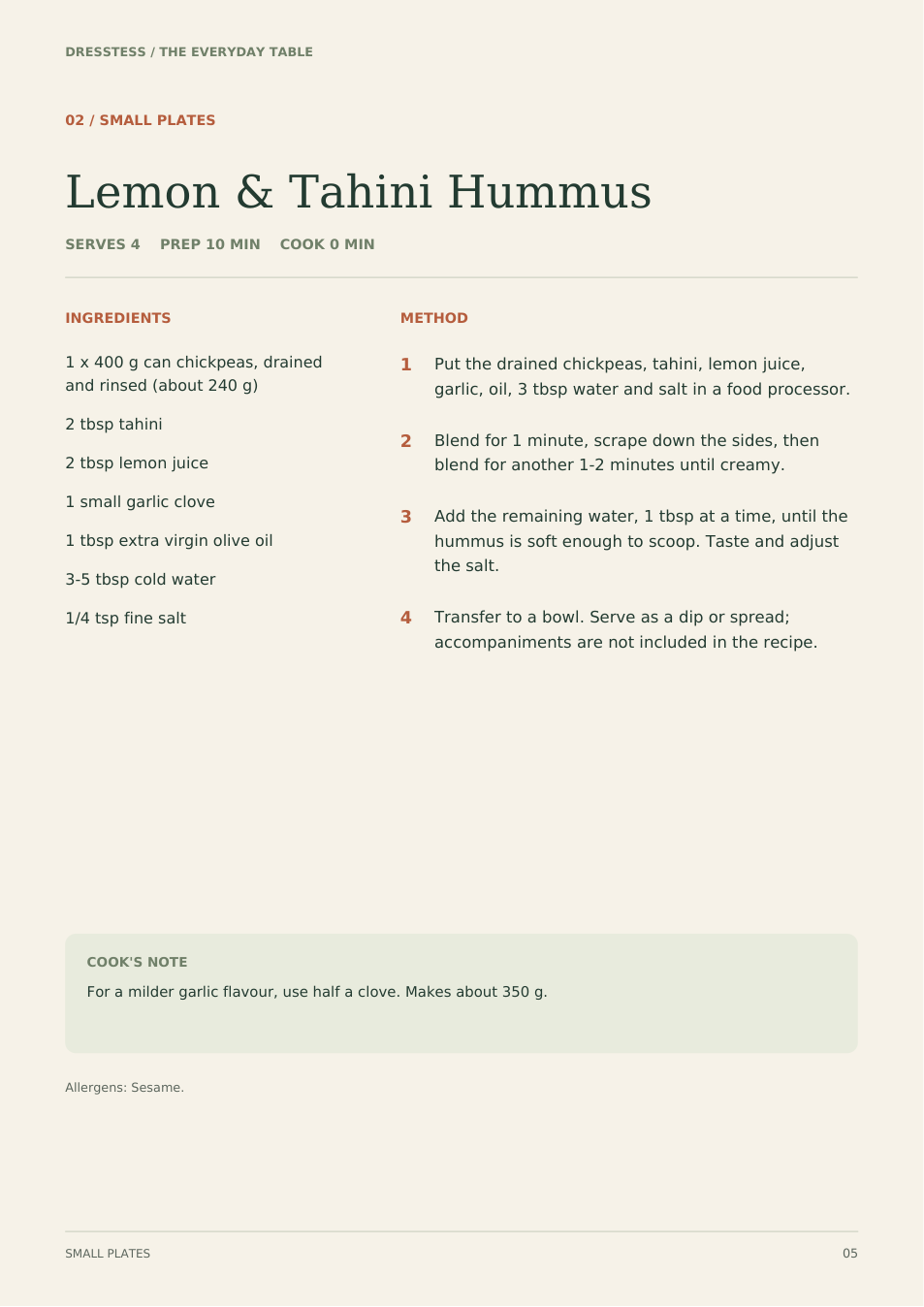 Complete hummus recipe page from the PDF