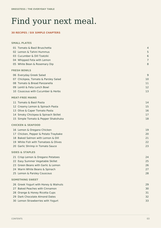 Contents page listing all 30 recipes