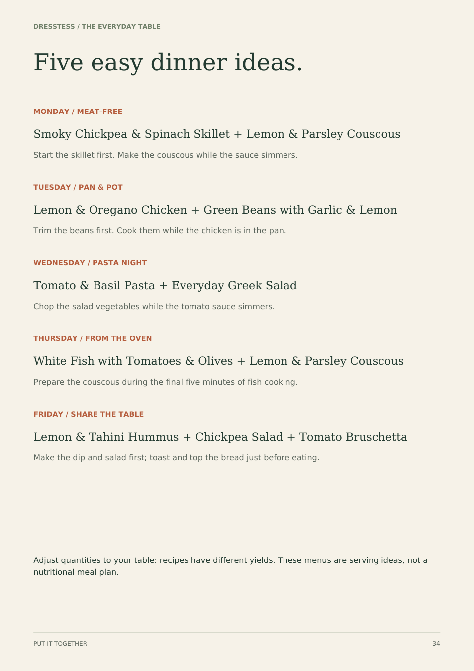 Five easy dinner ideas page from the PDF